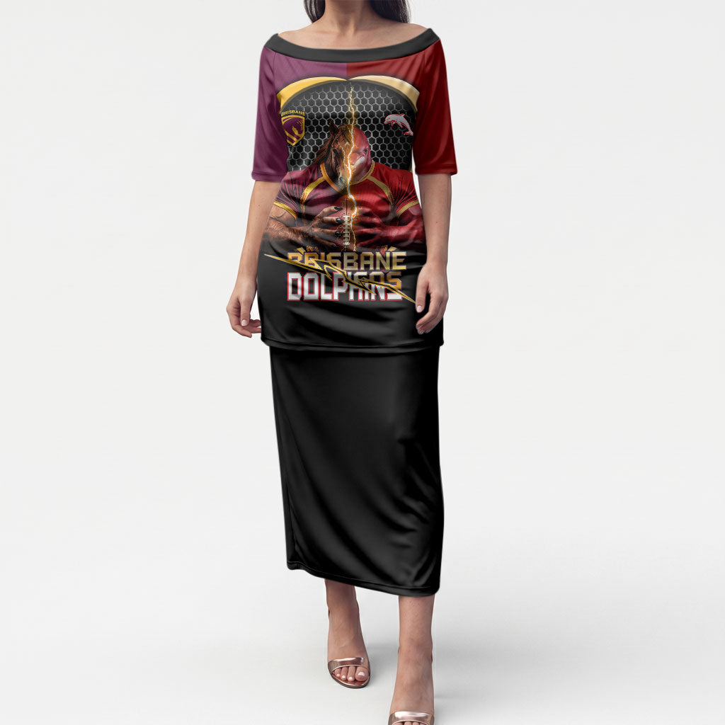 Personalized Brisbane Broncos vs Dolphins Fusion Puletasi Hybrid Mascot Lightning Graphic With Hexagon Honeycomb
