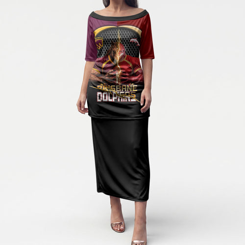 Personalized Brisbane Broncos vs Dolphins Fusion Puletasi Hybrid Mascot Lightning Graphic With Hexagon Honeycomb