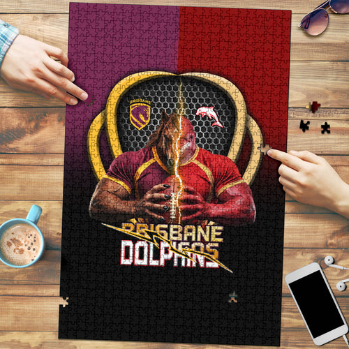 Brisbane Broncos vs Dolphins Fusion Puzzle Hybrid Mascot Lightning Graphic With Hexagon Honeycomb