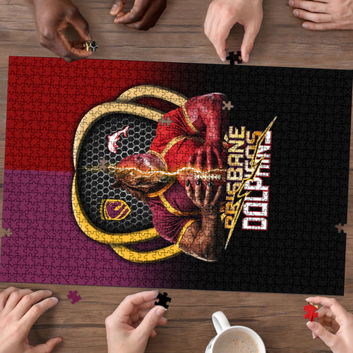 Brisbane Broncos vs Dolphins Fusion Puzzle Hybrid Mascot Lightning Graphic With Hexagon Honeycomb
