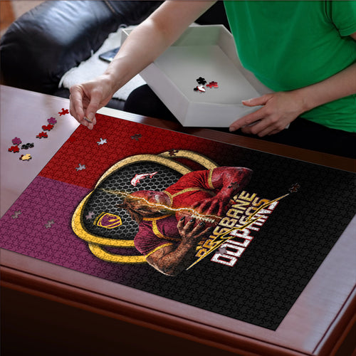 Brisbane Broncos vs Dolphins Fusion Puzzle Hybrid Mascot Lightning Graphic With Hexagon Honeycomb