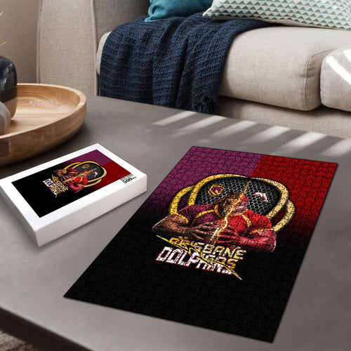 Brisbane Broncos vs Dolphins Fusion Puzzle Hybrid Mascot Lightning Graphic With Hexagon Honeycomb