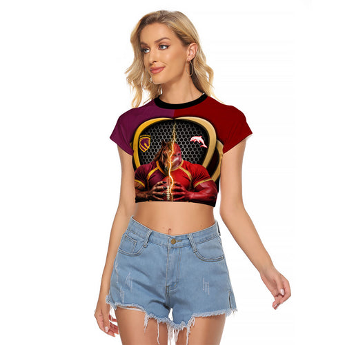 Personalized Brisbane Broncos vs Dolphins Fusion Raglan Cropped T Shirt Hybrid Mascot Lightning Graphic With Hexagon Honeycomb