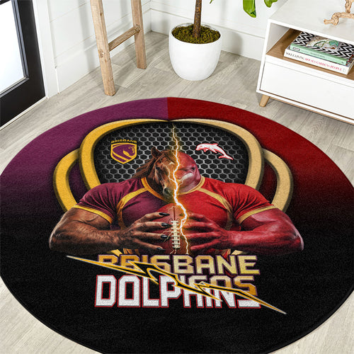 Brisbane Broncos vs Dolphins Fusion Round Carpet Hybrid Mascot Lightning Graphic With Hexagon Honeycomb