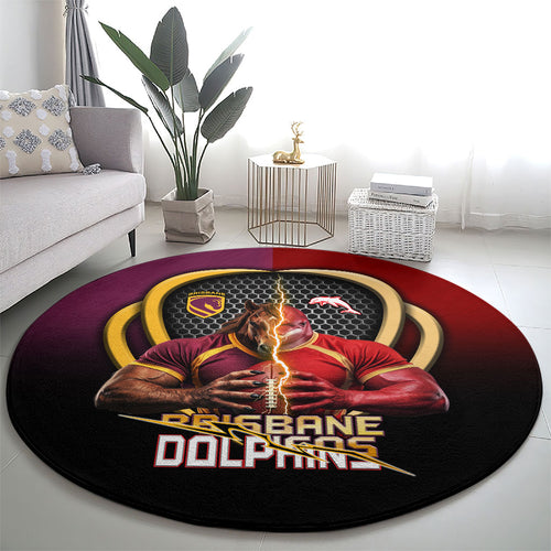 Brisbane Broncos vs Dolphins Fusion Round Carpet Hybrid Mascot Lightning Graphic With Hexagon Honeycomb