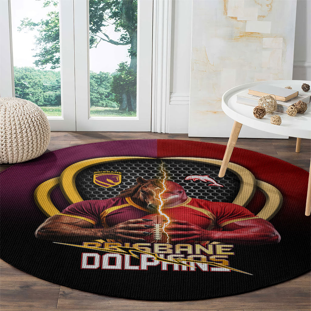 Brisbane Broncos vs Dolphins Fusion Round Carpet Hybrid Mascot Lightning Graphic With Hexagon Honeycomb