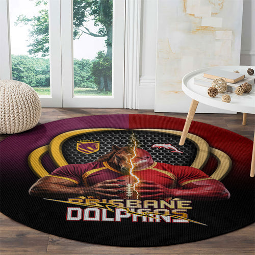 Brisbane Broncos vs Dolphins Fusion Round Carpet Hybrid Mascot Lightning Graphic With Hexagon Honeycomb