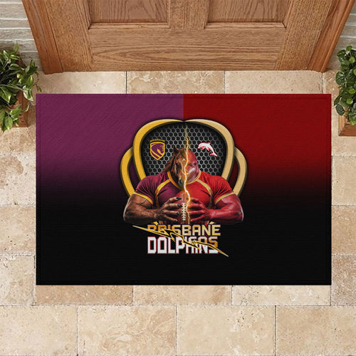 Brisbane Broncos vs Dolphins Fusion Rubber Doormat Hybrid Mascot Lightning Graphic With Hexagon Honeycomb