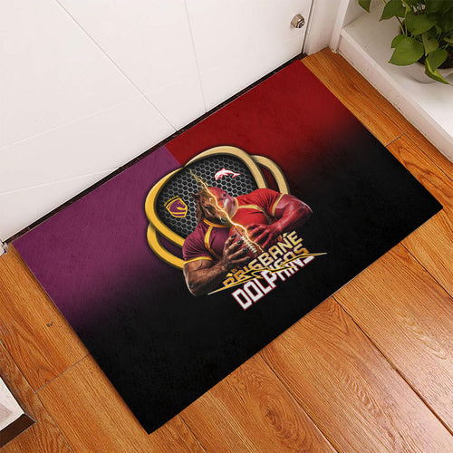 Brisbane Broncos vs Dolphins Fusion Rubber Doormat Hybrid Mascot Lightning Graphic With Hexagon Honeycomb