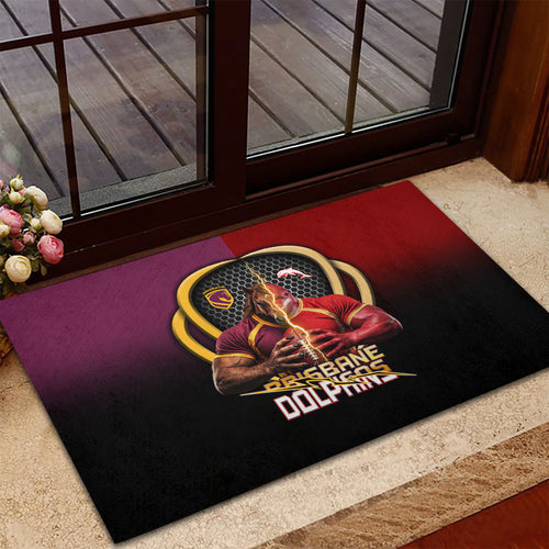 Brisbane Broncos vs Dolphins Fusion Rubber Doormat Hybrid Mascot Lightning Graphic With Hexagon Honeycomb