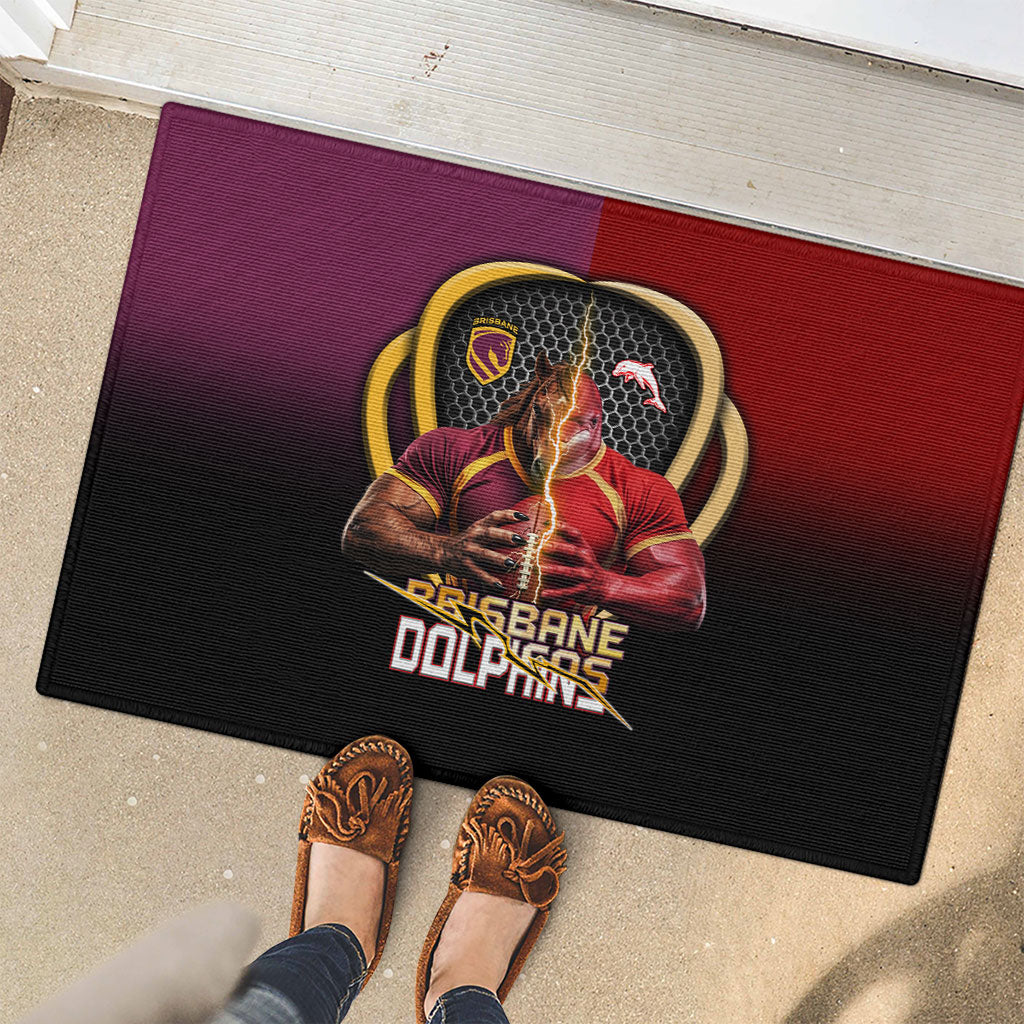 Brisbane Broncos vs Dolphins Fusion Rubber Doormat Hybrid Mascot Lightning Graphic With Hexagon Honeycomb