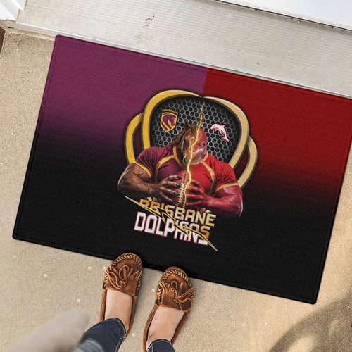 Brisbane Broncos vs Dolphins Fusion Rubber Doormat Hybrid Mascot Lightning Graphic With Hexagon Honeycomb