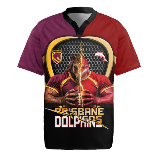 Personalized Brisbane Broncos vs Dolphins Fusion Rugby Jersey Hybrid Mascot Lightning Graphic With Hexagon Honeycomb