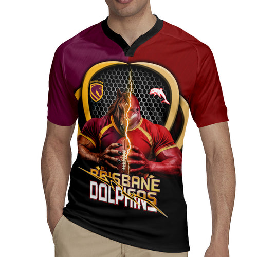 Personalized Brisbane Broncos vs Dolphins Fusion Rugby Jersey Hybrid Mascot Lightning Graphic With Hexagon Honeycomb