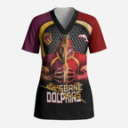 Personalized Brisbane Broncos vs Dolphins Fusion Scrub Top Hybrid Mascot Lightning Graphic With Hexagon Honeycomb