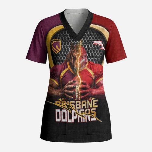 Personalized Brisbane Broncos vs Dolphins Fusion Scrub Top Hybrid Mascot Lightning Graphic With Hexagon Honeycomb