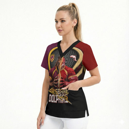 Personalized Brisbane Broncos vs Dolphins Fusion Scrub Top Hybrid Mascot Lightning Graphic With Hexagon Honeycomb