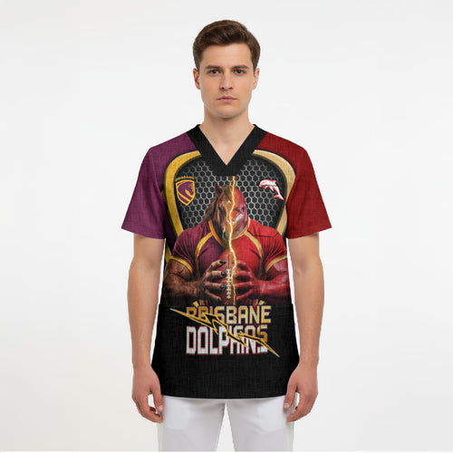 Personalized Brisbane Broncos vs Dolphins Fusion Scrub Top Hybrid Mascot Lightning Graphic With Hexagon Honeycomb