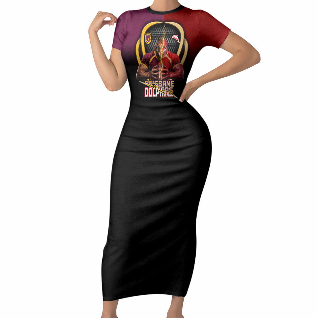 Personalized Brisbane Broncos vs Dolphins Fusion Short Sleeve Bodycon Dress Hybrid Mascot Lightning Graphic With Hexagon Honeycomb