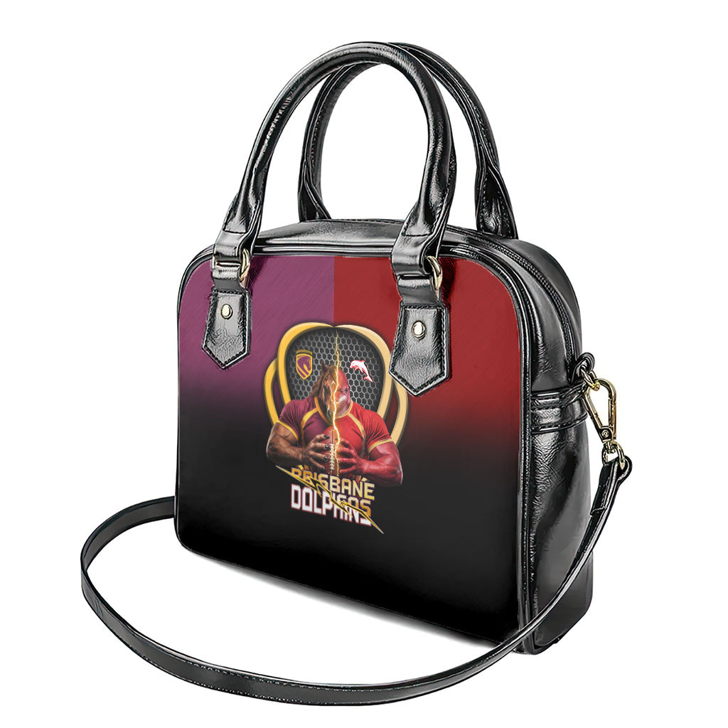 Brisbane Broncos vs Dolphins Fusion Shoulder Handbag Hybrid Mascot Lightning Graphic With Hexagon Honeycomb