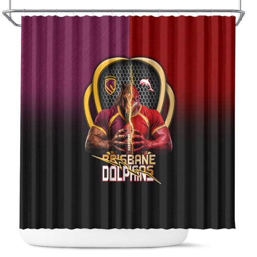 Brisbane Broncos vs Dolphins Fusion Shower Curtain Hybrid Mascot Lightning Graphic With Hexagon Honeycomb