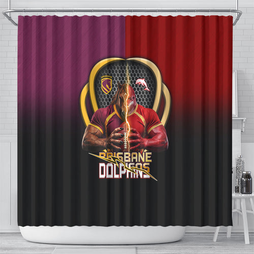Brisbane Broncos vs Dolphins Fusion Shower Curtain Hybrid Mascot Lightning Graphic With Hexagon Honeycomb