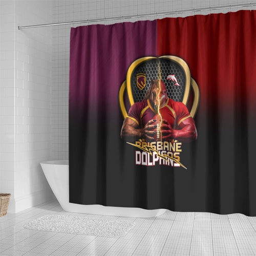 Brisbane Broncos vs Dolphins Fusion Shower Curtain Hybrid Mascot Lightning Graphic With Hexagon Honeycomb