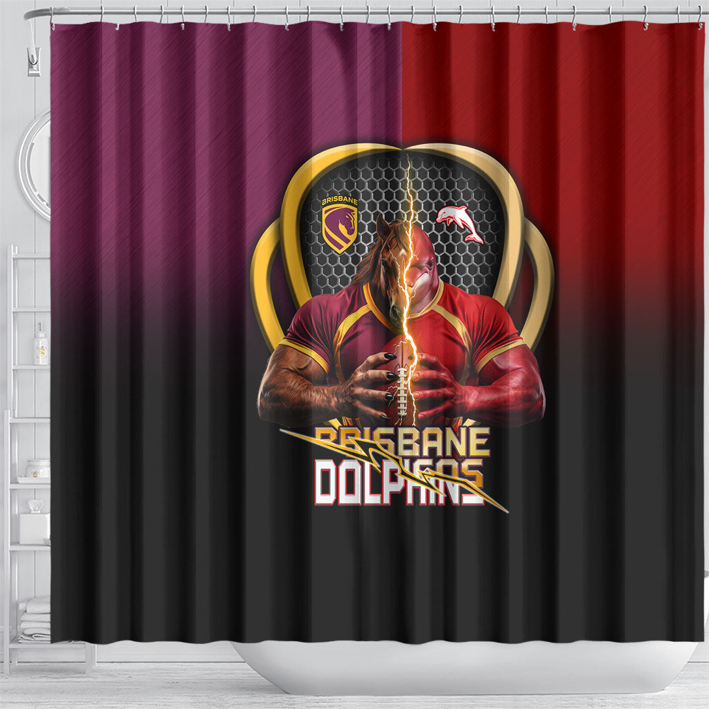 Brisbane Broncos vs Dolphins Fusion Shower Curtain Hybrid Mascot Lightning Graphic With Hexagon Honeycomb