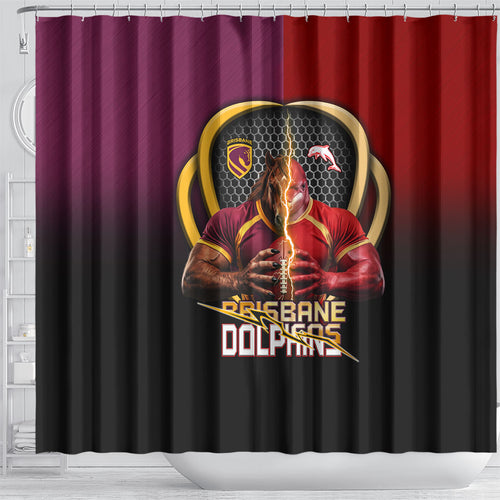 Brisbane Broncos vs Dolphins Fusion Shower Curtain Hybrid Mascot Lightning Graphic With Hexagon Honeycomb