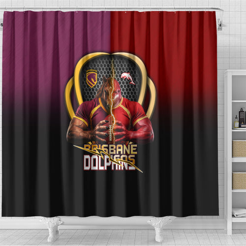 Brisbane Broncos vs Dolphins Fusion Shower Curtain Hybrid Mascot Lightning Graphic With Hexagon Honeycomb