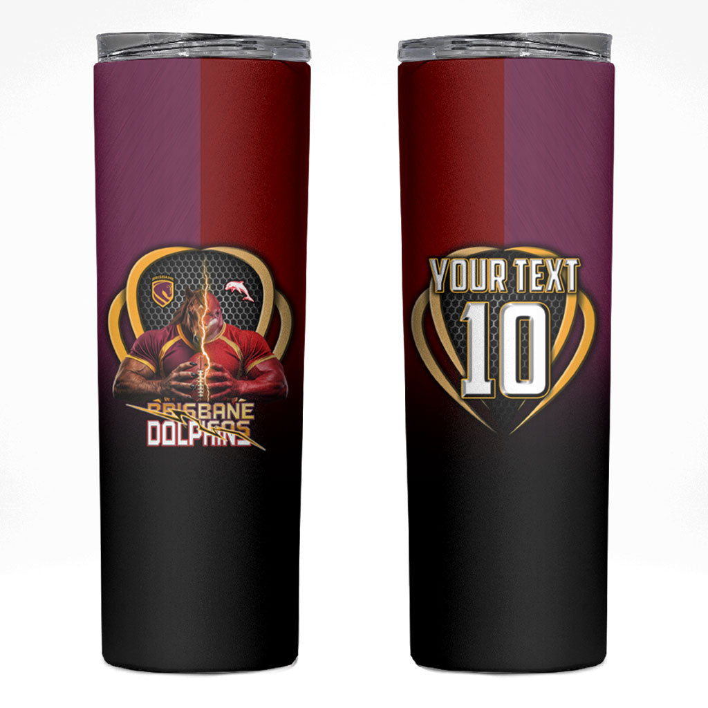 Personalized Brisbane Broncos vs Dolphins Fusion Skinny Tumbler Hybrid Mascot Lightning Graphic With Hexagon Honeycomb