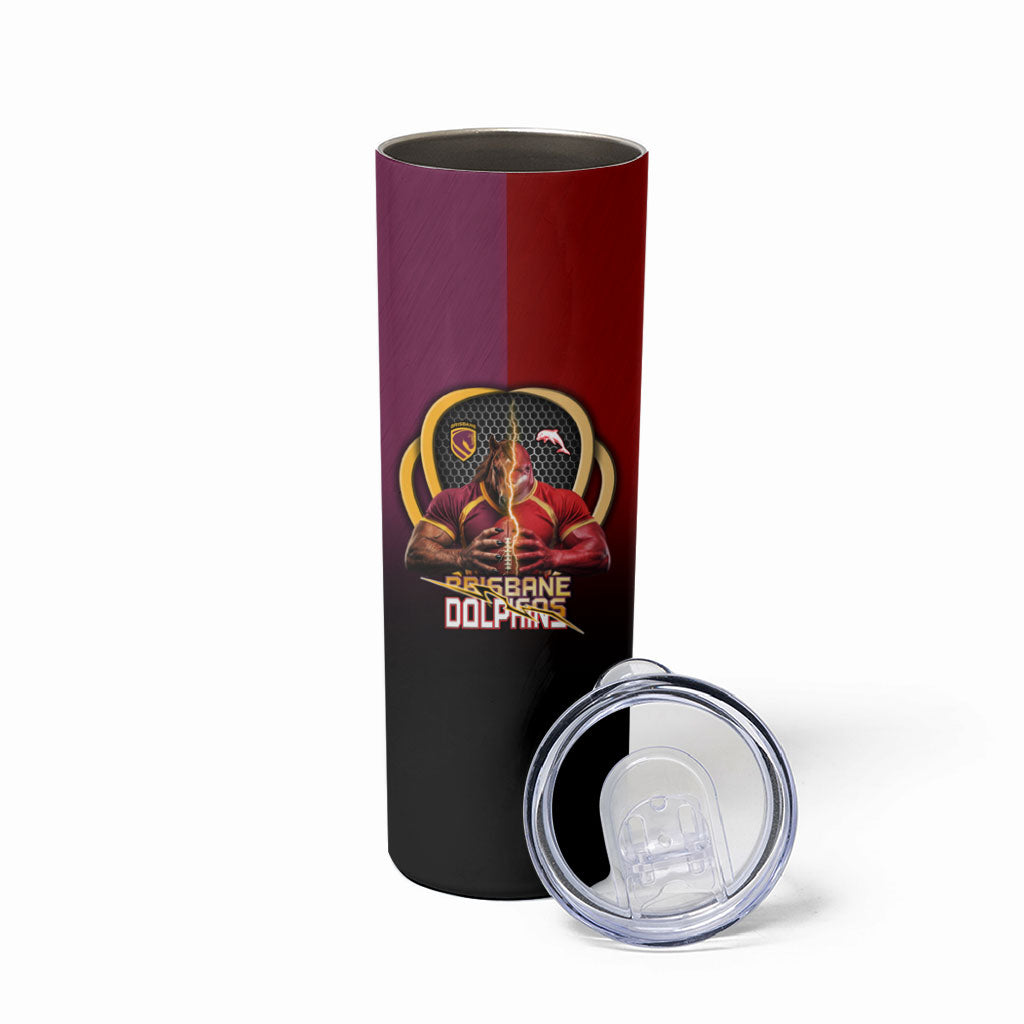 Personalized Brisbane Broncos vs Dolphins Fusion Skinny Tumbler Hybrid Mascot Lightning Graphic With Hexagon Honeycomb