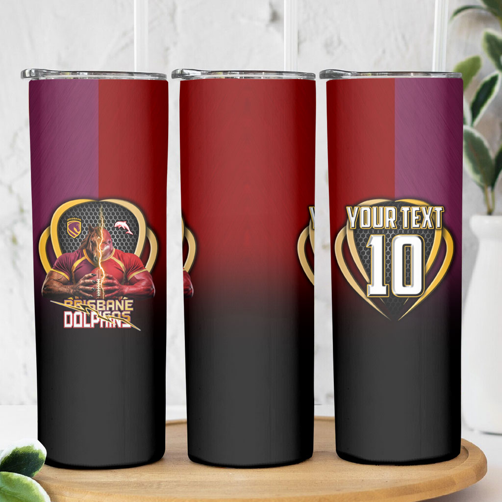 Personalized Brisbane Broncos vs Dolphins Fusion Skinny Tumbler Hybrid Mascot Lightning Graphic With Hexagon Honeycomb