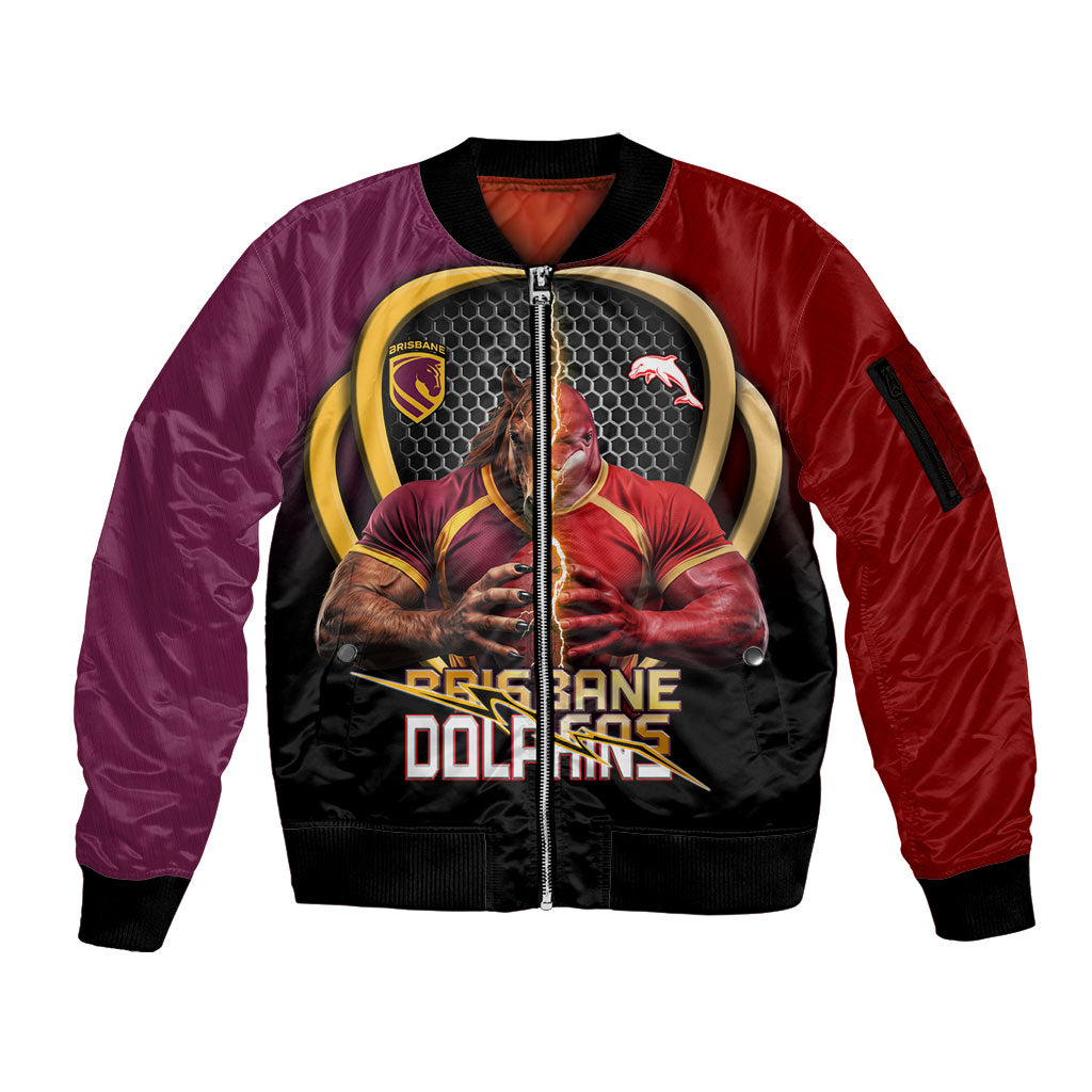 Personalized Brisbane Broncos vs Dolphins Fusion Sleeve Zip Bomber Jacket Hybrid Mascot Lightning Graphic With Hexagon Honeycomb