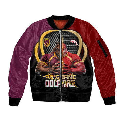 Personalized Brisbane Broncos vs Dolphins Fusion Sleeve Zip Bomber Jacket Hybrid Mascot Lightning Graphic With Hexagon Honeycomb
