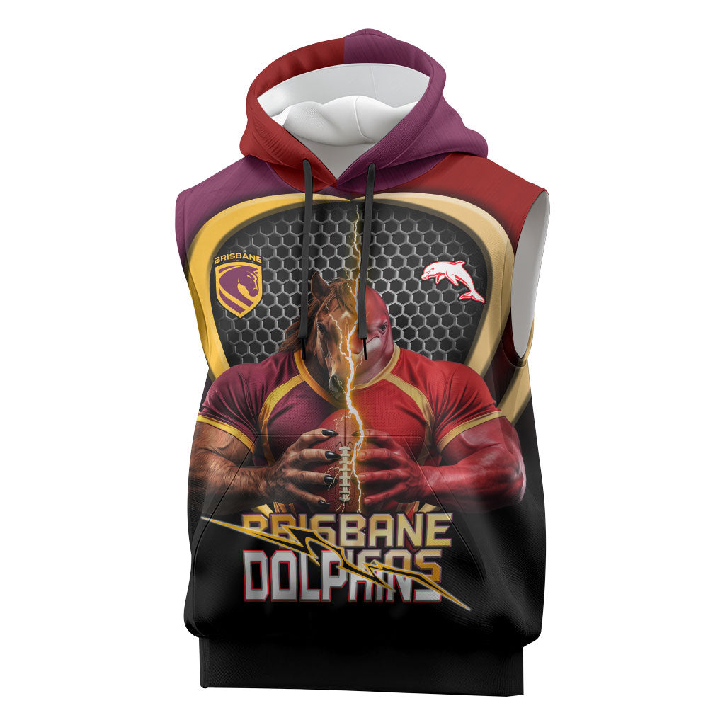 Personalized Brisbane Broncos vs Dolphins Fusion Sleeveless Hoodie Hybrid Mascot Lightning Graphic With Hexagon Honeycomb
