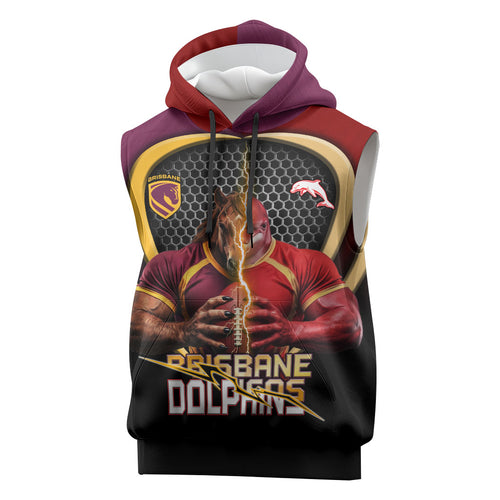 Personalized Brisbane Broncos vs Dolphins Fusion Sleeveless Hoodie Hybrid Mascot Lightning Graphic With Hexagon Honeycomb