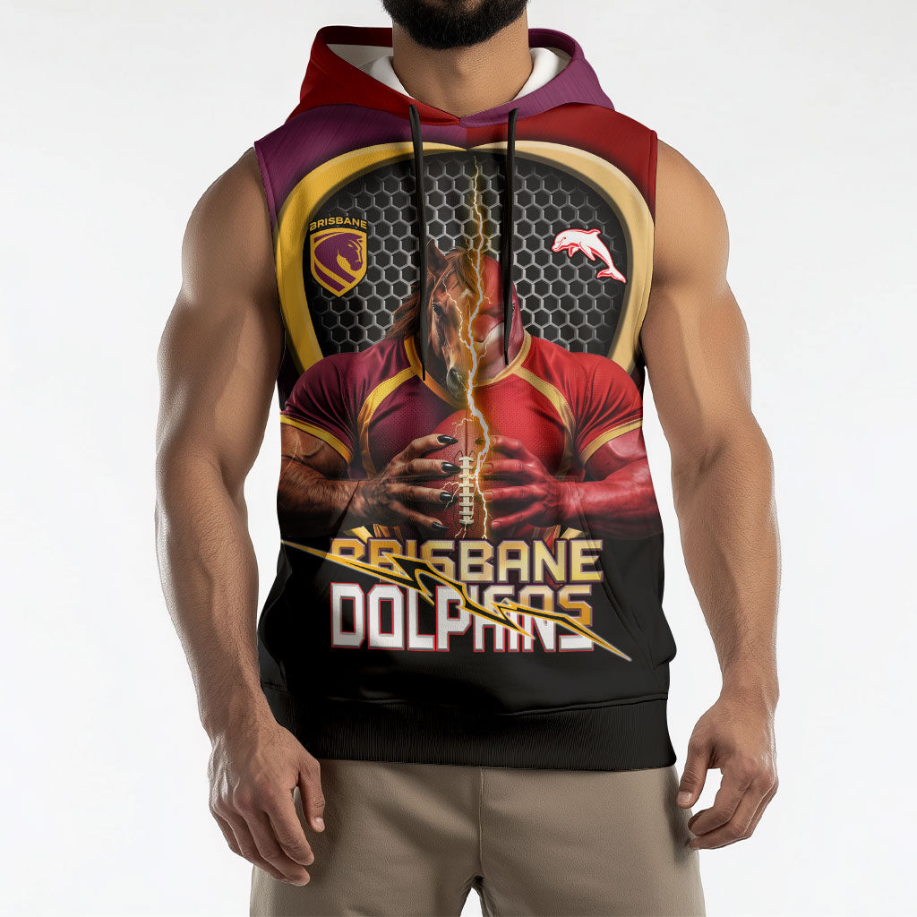 Personalized Brisbane Broncos vs Dolphins Fusion Sleeveless Hoodie Hybrid Mascot Lightning Graphic With Hexagon Honeycomb