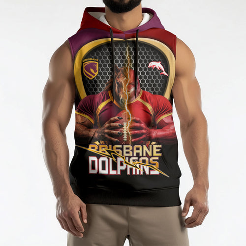 Personalized Brisbane Broncos vs Dolphins Fusion Sleeveless Hoodie Hybrid Mascot Lightning Graphic With Hexagon Honeycomb