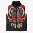 Personalized Brisbane Broncos vs Dolphins Fusion Sleeveless Puffer Jacket Hybrid Mascot Lightning Graphic With Hexagon Honeycomb