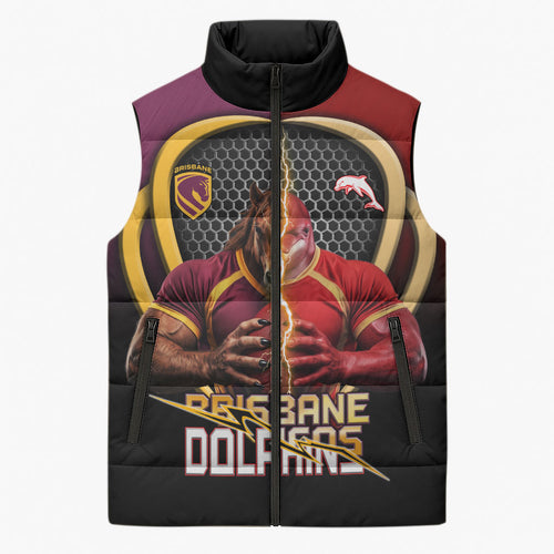 Personalized Brisbane Broncos vs Dolphins Fusion Sleeveless Puffer Jacket Hybrid Mascot Lightning Graphic With Hexagon Honeycomb