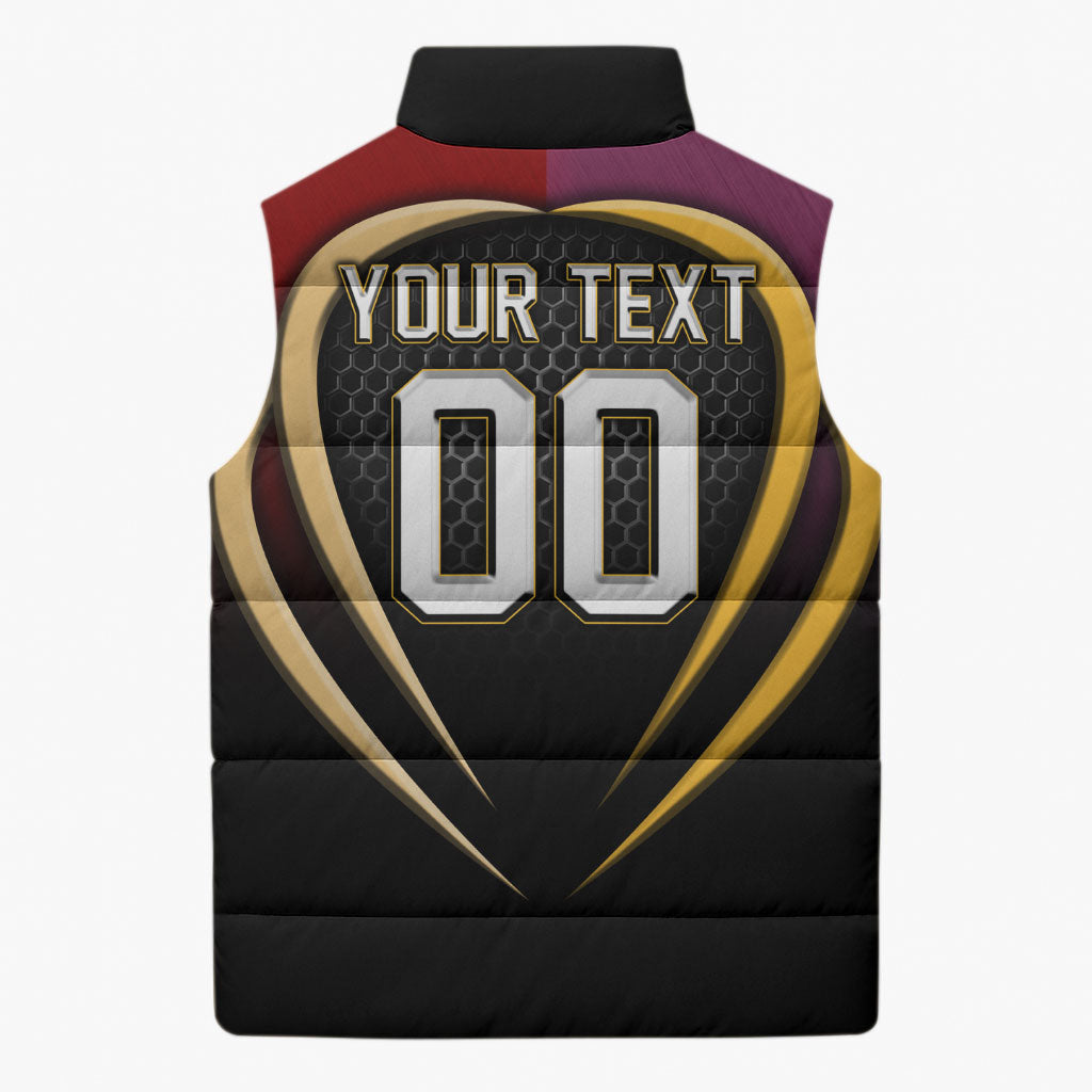 Personalized Brisbane Broncos vs Dolphins Fusion Sleeveless Puffer Jacket Hybrid Mascot Lightning Graphic With Hexagon Honeycomb