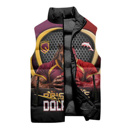 Personalized Brisbane Broncos vs Dolphins Fusion Sleeveless Puffer Jacket Hybrid Mascot Lightning Graphic With Hexagon Honeycomb