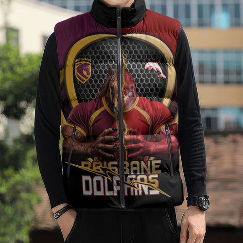 Personalized Brisbane Broncos vs Dolphins Fusion Sleeveless Puffer Jacket Hybrid Mascot Lightning Graphic With Hexagon Honeycomb