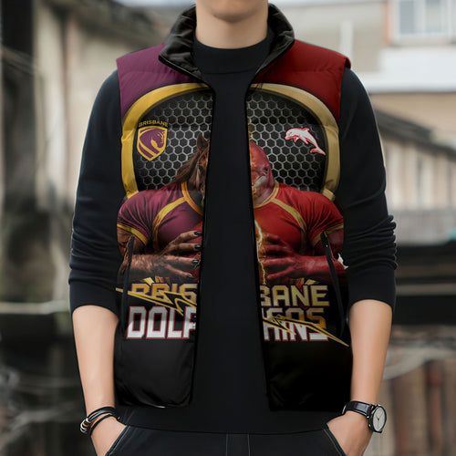 Personalized Brisbane Broncos vs Dolphins Fusion Sleeveless Puffer Jacket Hybrid Mascot Lightning Graphic With Hexagon Honeycomb