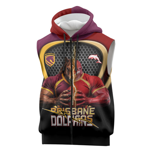 Personalized Brisbane Broncos vs Dolphins Fusion Sleeveless Zip Hoodie Hybrid Mascot Lightning Graphic With Hexagon Honeycomb