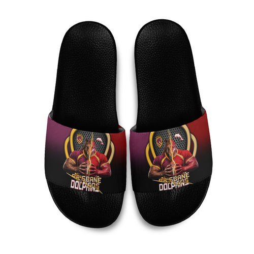 Brisbane Broncos vs Dolphins Fusion Slide Sandals Hybrid Mascot Lightning Graphic With Hexagon Honeycomb