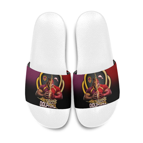 Brisbane Broncos vs Dolphins Fusion Slide Sandals Hybrid Mascot Lightning Graphic With Hexagon Honeycomb