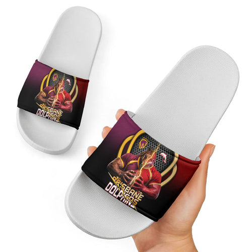 Brisbane Broncos vs Dolphins Fusion Slide Sandals Hybrid Mascot Lightning Graphic With Hexagon Honeycomb
