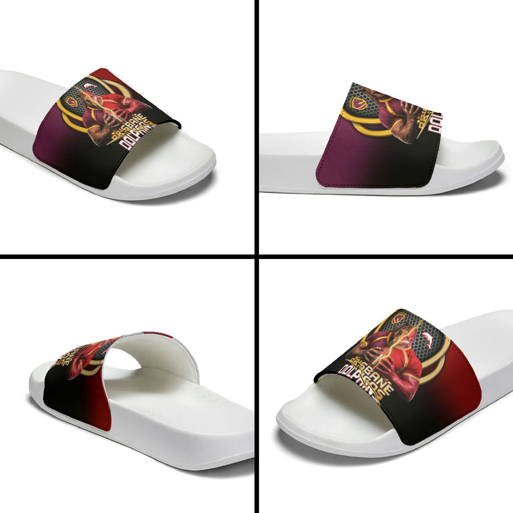 Brisbane Broncos vs Dolphins Fusion Slide Sandals Hybrid Mascot Lightning Graphic With Hexagon Honeycomb